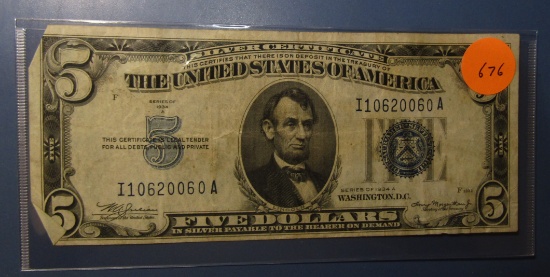 1934-A $5.00 SILVER CERTIFICATE NOTE VF