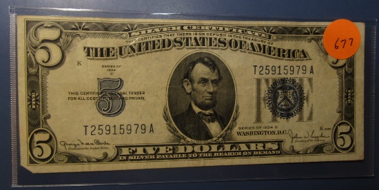 1934-D $5.00 SILVER CERTIFICATE NOTE XF