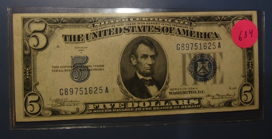 1934-A $5.00 SILVER CERTIFICATE NOTE AU