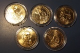 LOT OF FIVE MIXED GOLD PRESIDENTIAL DOLLARS UNC ENCAPSULATED (5 COINS)