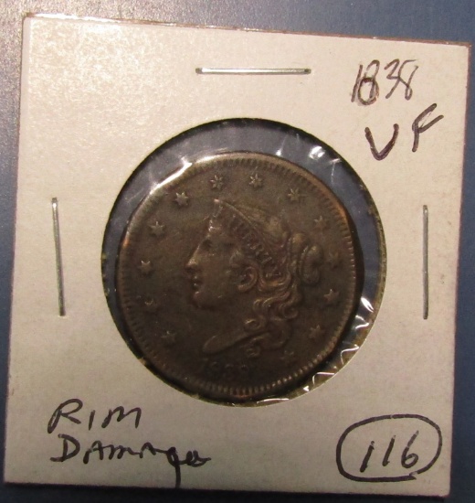 1838 HALF CENT VF (RIM DAMAGE)