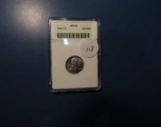 1943 STEEL LINCOLN CENT ANACS MS-65