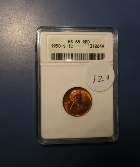 1950-S LINCOLN CENT ANACS MS-65 RED