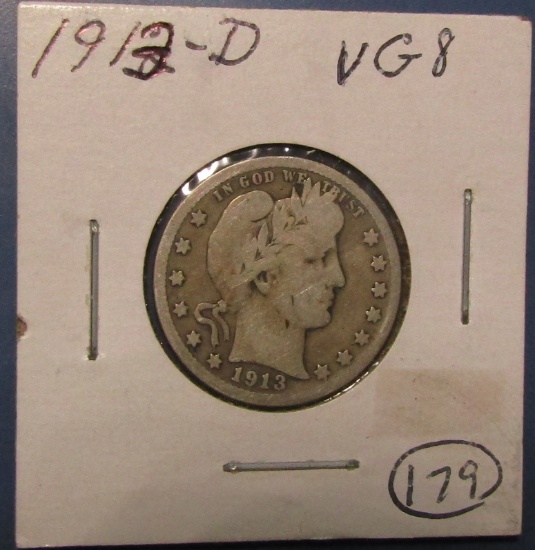 1913-D BARBER QUARTER VG-8