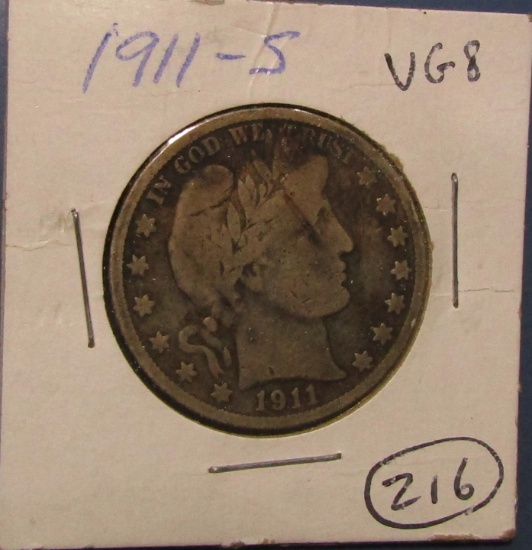 1911-S BARBER HALF DOLLAR VG-8
