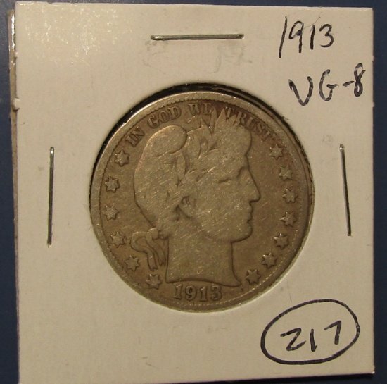 1913 BARBER HALF DOLLAR VG-8