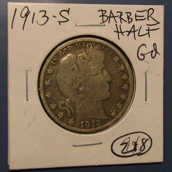 1913-S BARBER HALF DOLLAR GOOD-4