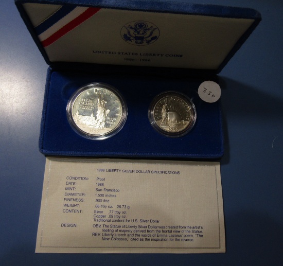 1986-S PROOF  LIBERTY SILVER DOLLAR & CLAD HALF SET IN BOX