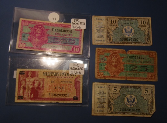 LOT OF FIVE MILITARY PAY SCRIPS (5 PIECES)