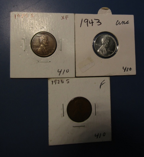 LOT OF 1925-S FINE, 1929-S XF & 1943 LINCOLN CENTS UNC (3 COINS)