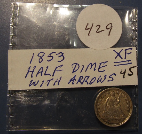 1853 ARROWS SEATED HALF DIME CHOICE XF-45