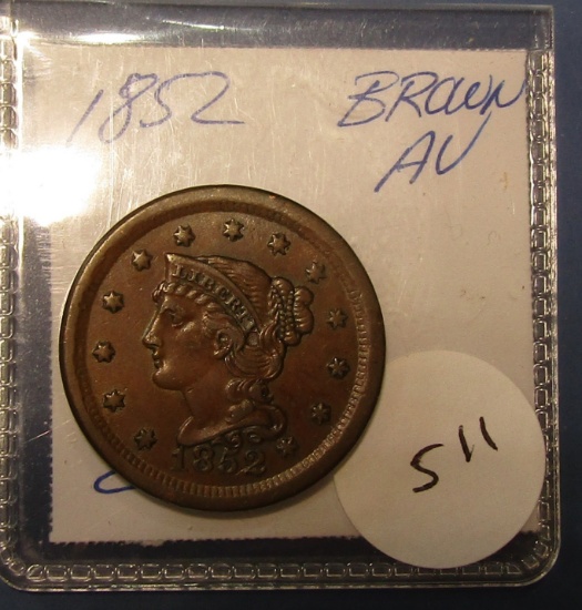 1852 LARGE CENT CH AU-58+++++