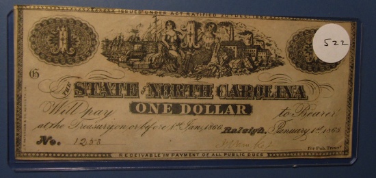 1863 STATE OF NORTH CAROLINA DOLLAR NOTE AU