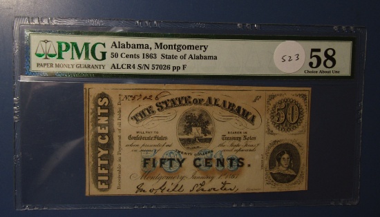 1863 STATE OF ALABAMA FIFTY CENT NOTE PMG AU-58
