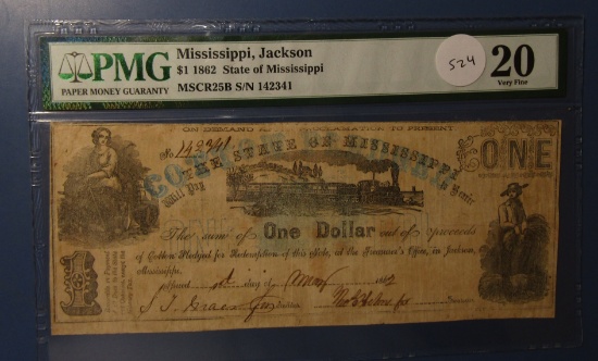 1862 STATE OF MISSISSIPPI DOLLAR NOTE PMG VF-20