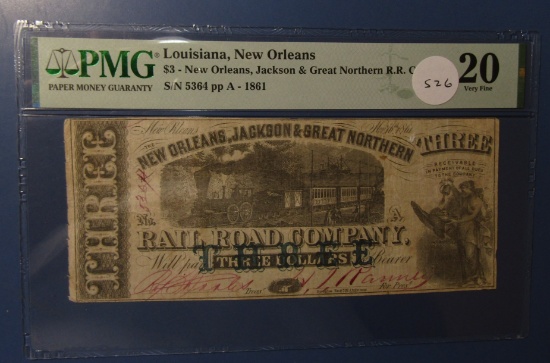 1861 N.O., JACKSON & GREAT NORTHERN RAILROAD THREE DOLLAR NOTE PMG VF-20 (R