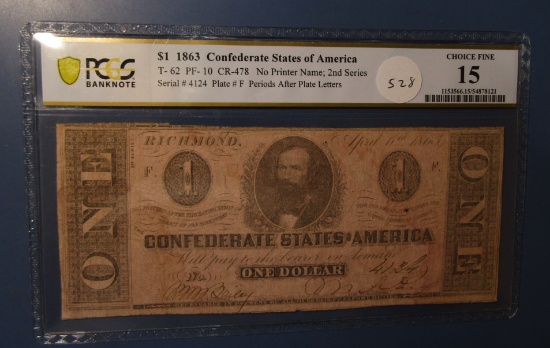 1863 CONFEDERATE ONE DOLLAR NOTE PCGS CHOICE FINE-15 (STAINED)