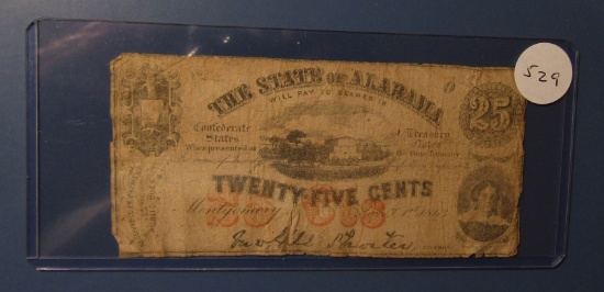 1863 STATE OF ALABAMA TWENTY FIVE CENT TREASURY NOTE GOOD