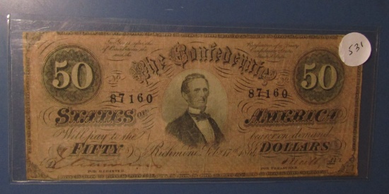 1864 CONFEDERATE FIFTY DOLLAR NOTE FINE