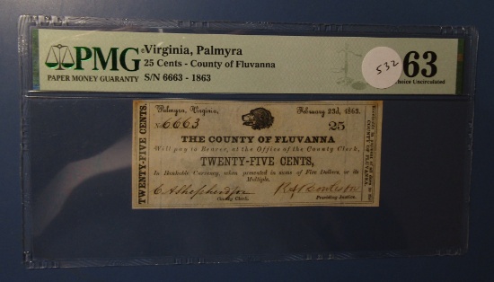 1863 COUNTY OF PALMYRA, VIRGINIA TWENTY FIVE CENT NOTE PMG CHOICE UNC-63