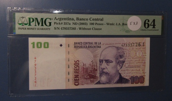 ARGENTINA, BANCO CENTRAL 100 PESOS PMG CHOICE UNC-64