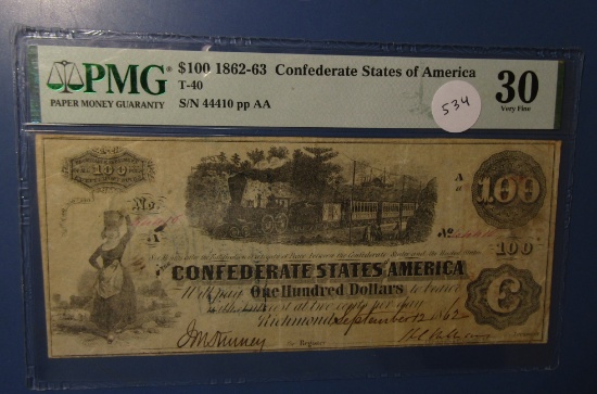 18622-63 CONFEDERATE ONE HUNDRED DOLLAR NOTE PMG VF-30