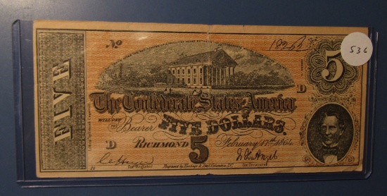 1864 CONFEDERATE FIVE DOLLAR NOTE VF/XF