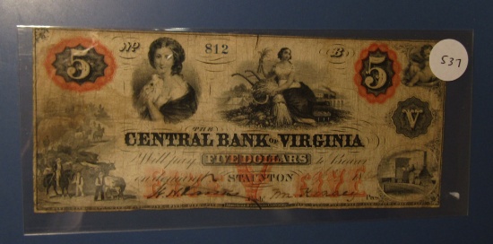 1860 CENTRAL BANK OF VIRGINIA FIVE DOLLAR NOTE FINE