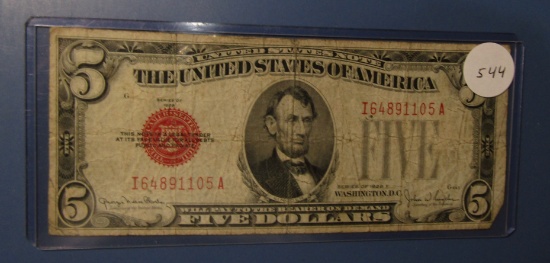 1928-F FIVE DOLLAR US NOTE FINE