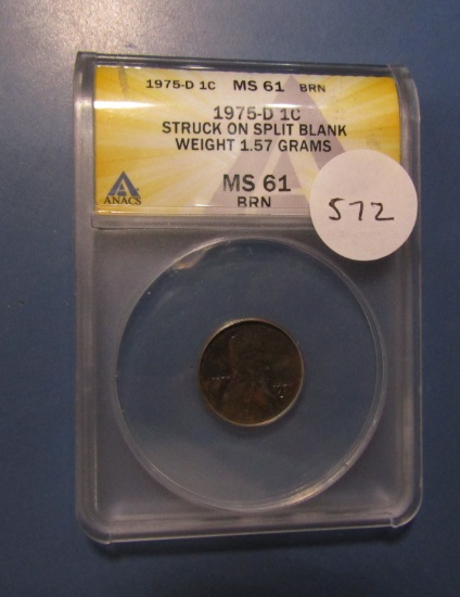 1975-D LINCOLN CENT STRUCK ON SPLIT BLANK ANACS MS-61