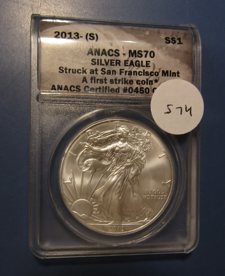 2013-S AMERICAN SILVER EAGLE ANACS MS-70