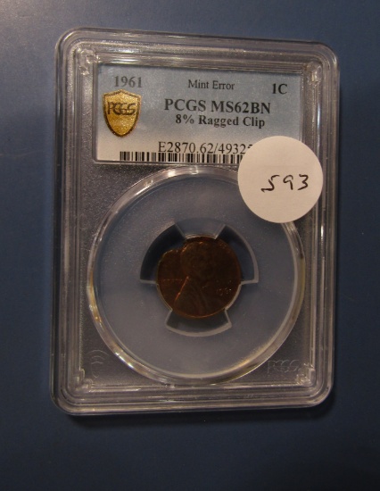 1961 LINCOLN CENT 8% RAGGED CLIP MINT ERROR PCGS MS-62 BROWN