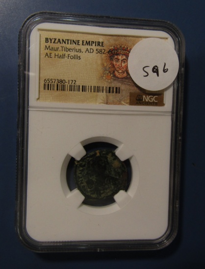 BYZANTINE EMPIRE AD 582 AE HALF-FOLLIS NGC