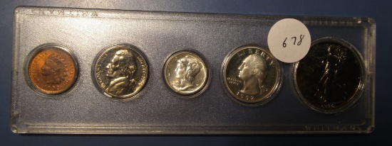 PLASTIC HOLDER CONTAINING 1902 INDIAN CENT GEM BU, 1956 PROOF JEFFERSON, 19