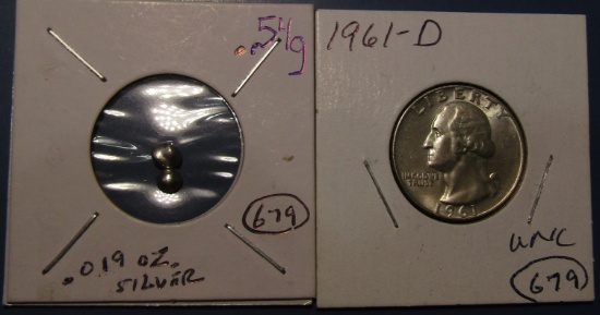 LOT OF 1961-D SILVER WASHINGTON QTR. BU & .54 GRAM SILVER INGOT (2 PIECES)