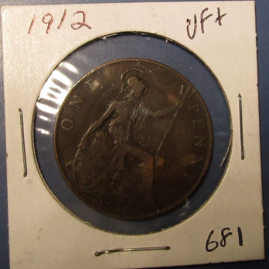 1912 BRITISH ONE PENNY VF/XF