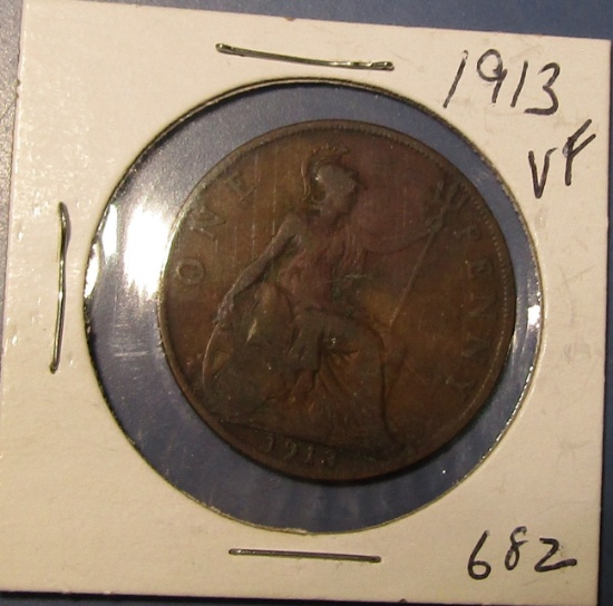 1913 BRITISH ONE PENNY VF
