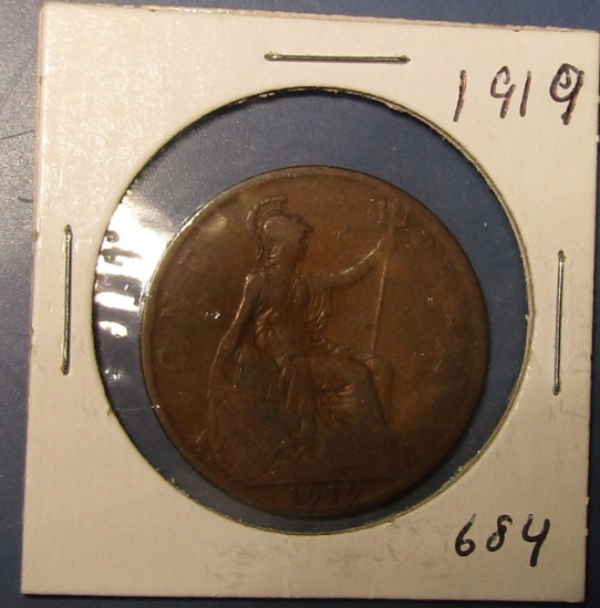 1919 BRITISH ONE PENNY F/VF