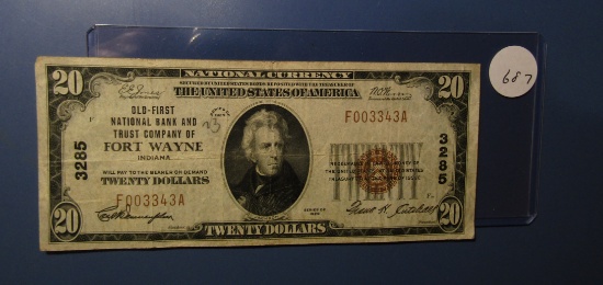 1929 NATIONAL $20.00 FT. WAYNE, INDIANA NOTE VF