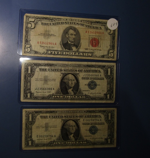 LOT OF 1963 $5.00 US NOTE VF & TWO 1957-D $1.00 SILVER CERTIFICATES VF/XF (