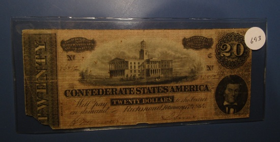 1864 CONFEDERATE TWENTY DOLLAR NOTE VF (TORN CORNER)