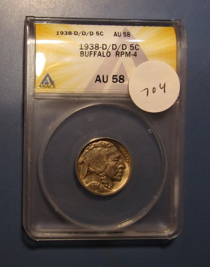 1938-D/D/D BUFFALO NICKEL ANACS RPM-4 AU-58