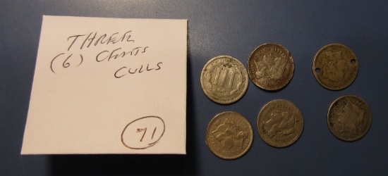 LOT OF SIX CULL THREE CENT NICKELS (6 COINS)