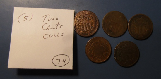 LOT OF FIVE CULL LOW GRADE TWO CENTS (5 COINS)