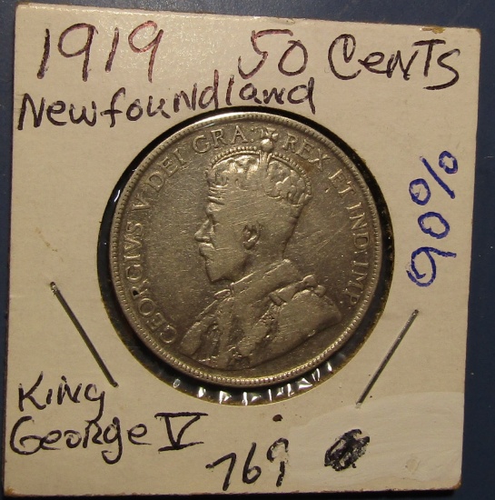 1919 90% SILVER NEW FOUNDLAND HALF DOLLAR VF
