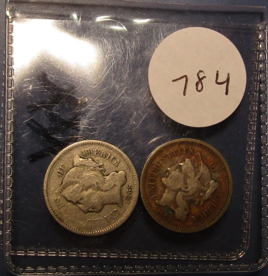 LOT OF 1865 & 1869 THREE CENT NICKELS  (2 COINS)