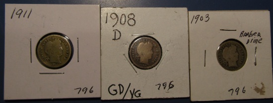 LOT OF 1903, 1908-D & 1911 G/VG BARBER DIMES (3 COINS)
