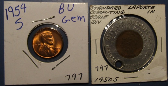 LOT OF 1950-S LINCOLN CENT TOKEN & 1954-S LINCOLN CENT GEM BU (2 COINS)