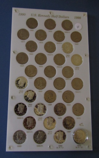 KENNEDY HALF DOLLAR SET 1990-1998 GEM BU INCL. SILVER PROOFS IN CUSTOM CAPI