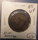 1838 HALF CENT VF (RIM DAMAGE)